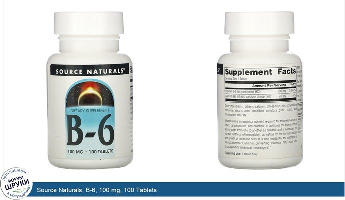 Source Naturals, B-6, 100 mg, 100 Tablets