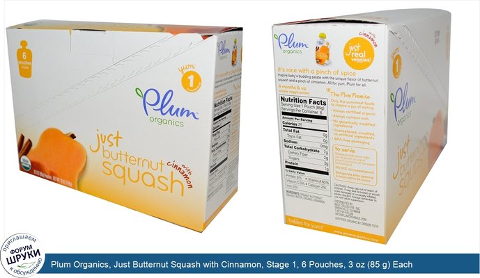 Plum Organics, Just Butternut Squash with Cinnamon, Stage 1, 6 Pouches, 3 oz (85 g) Each