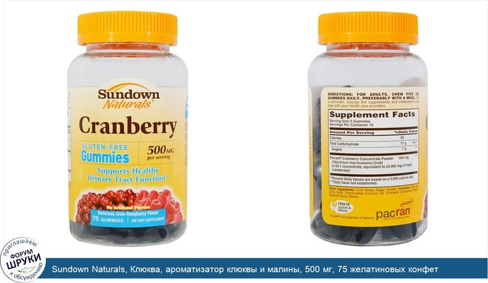 Sundown Naturals, Клюква, ароматизатор клюквы и малины, 500 мг, 75 желатиновых конфет