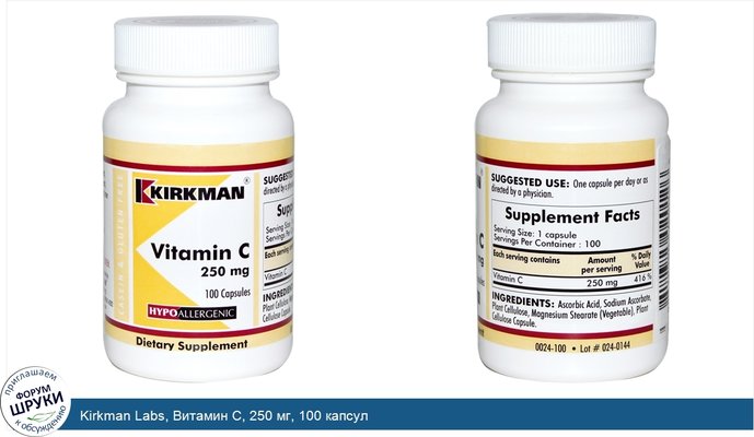 Kirkman Labs, Витамин C, 250 мг, 100 капсул