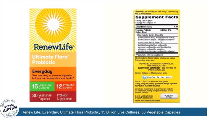 Renew Life, Everyday, Ultimate Flora Probiotic, 15 Billion Live Cultures, 30 Vegetable Capsules