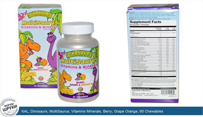 KAL, Dinosaurs, MultiSaurus, Vitamins Minerals, Berry, Grape Orange, 60 Chewables