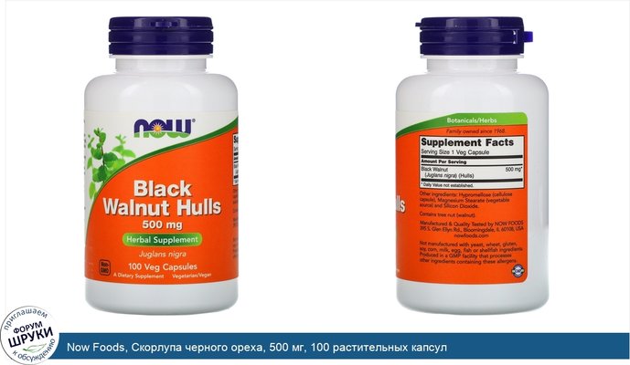 Now Foods, Скорлупа черного ореха, 500 мг, 100 растительных капсул