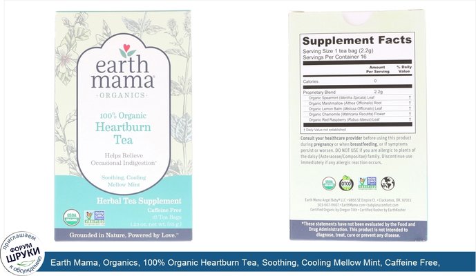 Earth Mama, Organics, 100% Organic Heartburn Tea, Soothing, Cooling Mellow Mint, Caffeine Free, 16 Tea Bags, 1.23 oz (35 g)