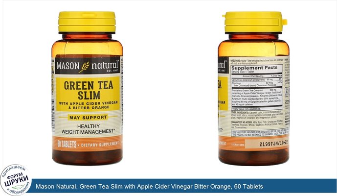 Mason Natural, Green Tea Slim with Apple Cider Vinegar Bitter Orange, 60 Tablets