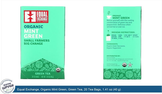 Equal Exchange, Organic Mint Green, Green Tea, 20 Tea Bags, 1.41 oz (40 g)