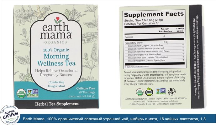Earth Mama, 100% органический полезный утренний чай, имбирь и мята, 16 чайных пакетиков, 1,3 унц. (37 г)