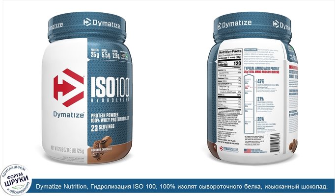 Dymatize Nutrition, Гидролизация ISO 100, 100% изолят сывороточного белка, изысканный шоколад, 1,6 фунта (725 г)