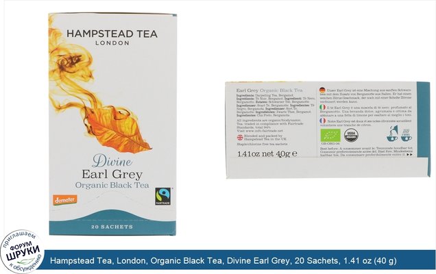 Hampstead Tea, London, Organic Black Tea, Divine Earl Grey, 20 Sachets, 1.41 oz (40 g)