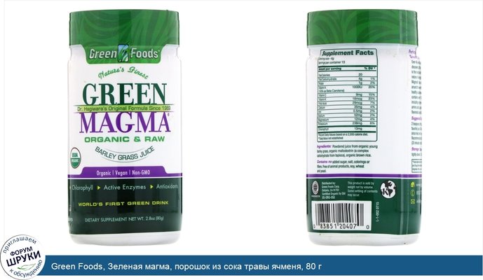 Green Foods, Зеленая магма, порошок из сока травы ячменя, 80 г