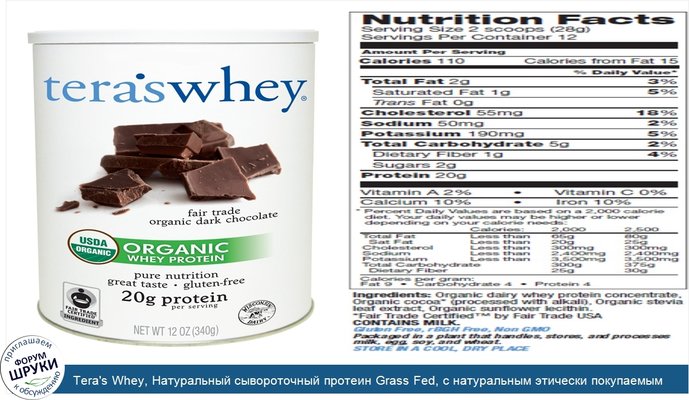 Tera\'s Whey, Натуральный сывороточный протеин Grass Fed, с натуральным этически покупаемым темным шоколадом, 12 унций (340 г)