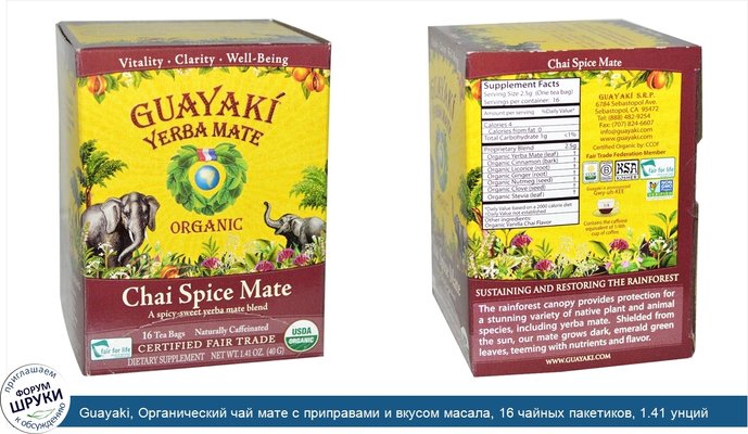 Guayaki, Органический чай мате с приправами и вкусом масала, 16 чайных пакетиков, 1.41 унций (40 г)