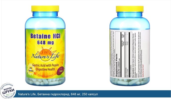 Nature\'s Life, Бетаина гидрохлорид, 648 мг, 250 капсул