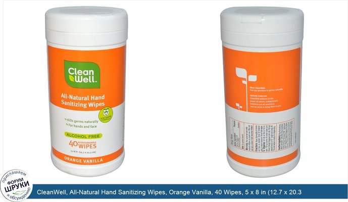 CleanWell, All-Natural Hand Sanitizing Wipes, Orange Vanilla, 40 Wipes, 5 x 8 in (12.7 x 20.3 cm) Each