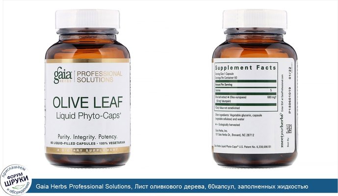 Gaia Herbs Professional Solutions, Лист оливкового дерева, 60капсул, заполненных жидкостью