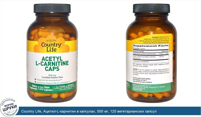 Country Life, Ацетил-L-карнитин в капсулах, 500 мг, 120 вегетарианских капсул