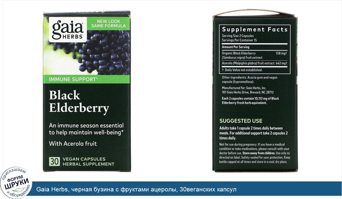 Gaia Herbs, черная бузина с фруктами ацеролы, 30веганских капсул