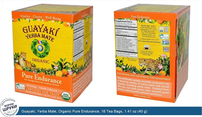 Guayaki, Yerba Mate, Organic Pure Endurance, 16 Tea Bags, 1.41 oz (40 g)