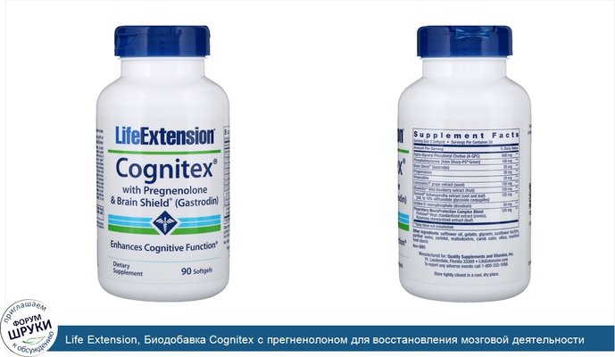 Life Extension, Биодобавка Cognitex с прегненолоном для восстановления мозговой деятельности (Гастродин), 90 желатиновых капсул