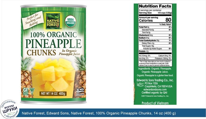 Native Forest, Edward Sons, Native Forest, 100% Organic Pineapple Chunks, 14 oz (400 g)