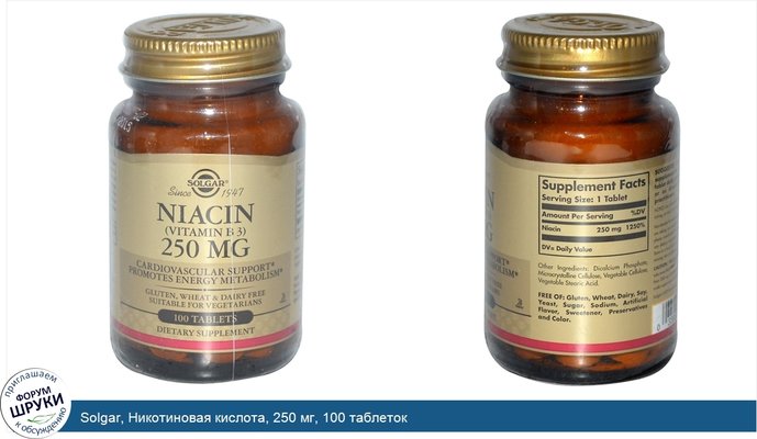 Solgar, Никотиновая кислота, 250 мг, 100 таблеток