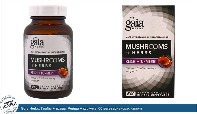 Gaia Herbs, Грибы + травы, Рейши + куркума, 60 вегетарианских капсул