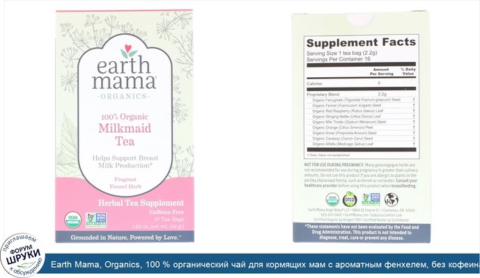 Earth Mama, Organics, 100 % органический чай для кормящих мам с ароматным фенхелем, без кофеина, 16 чайных пакетиков, 1,23 унции (35 г)