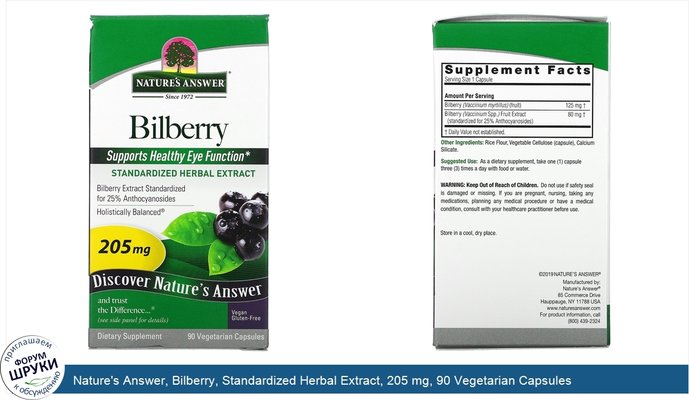 Nature\'s Answer, Bilberry, Standardized Herbal Extract, 205 mg, 90 Vegetarian Capsules