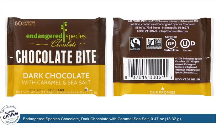 Endangered Species Chocolate, Dark Chocolate with Caramel Sea Salt, 0.47 oz (13.32 g)