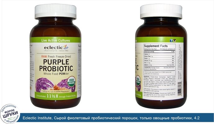 Eclectic Institute, Сырой фиолетовый пробиотический порошок, только овощные пробиотики, 4.2 унций (120 г)