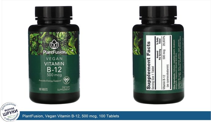 PlantFusion, Vegan Vitamin B-12, 500 mcg, 100 Tablets