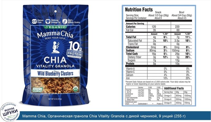 Mamma Chia, Органическая гранола Chia Vitality Granola с дикой черникой, 9 унций (255 г)