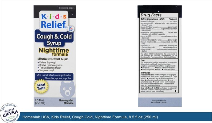 Homeolab USA, Kids Relief, Cough Cold, Nighttime Formula, 8.5 fl oz (250 ml)