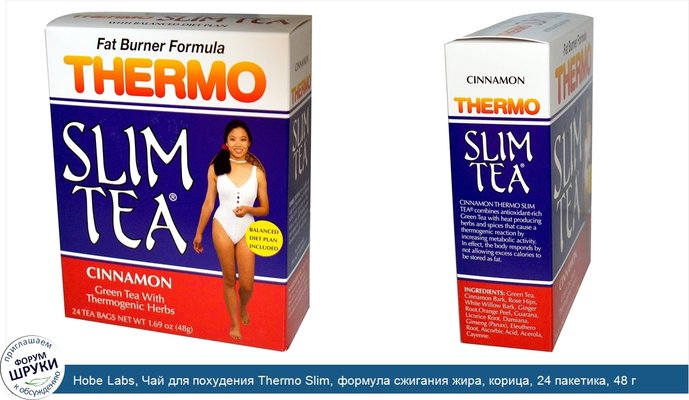 Hobe Labs, Чай для похудения Thermo Slim, формула сжигания жира, корица, 24 пакетика, 48 г