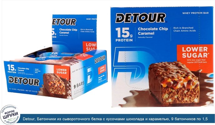 Detour, Батончики из сывороточного белка с кусочками шоколада и карамелью, 9 батончиков по 1,5 унции (43 г) каждый