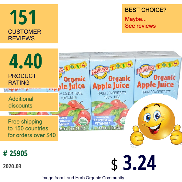 Earth'S Best, Tots, Organic Apple Juice, 4 Boxes, 4.23 Fl Oz (125 Ml) Each  