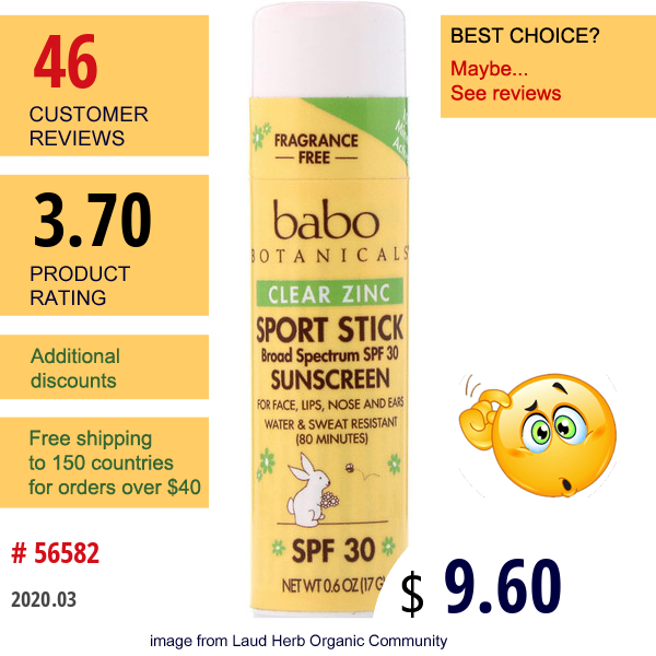 Babo Botanicals, Clear Zinc, Sport Stick Sunscreen, Spf 30, Fragrance Free, 0.6 Oz (17 G)  