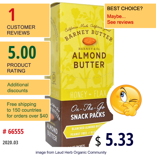 Barney Butter, Almond Butter, Honey + Flax, 6 Packets, 0.6 Oz (17 G)  