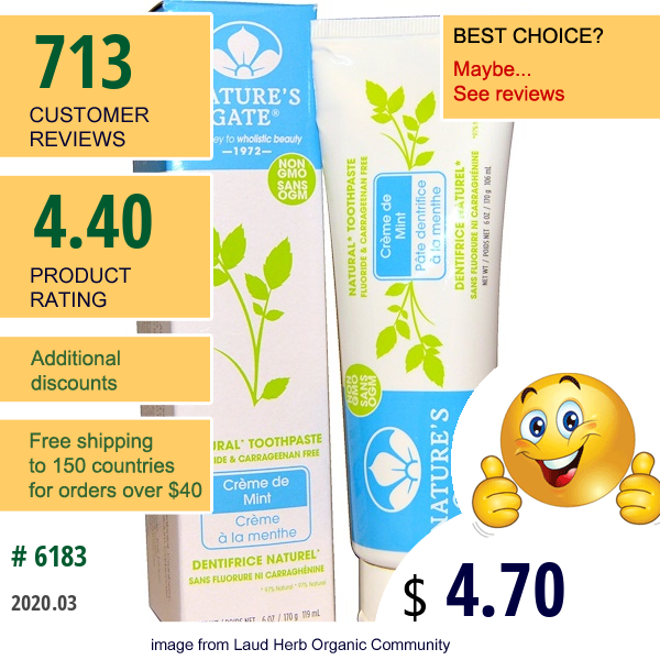 Nature'S Gate, Natural Toothpaste, Flouride And Carrageenan Free, Creme De Mint, 6 Oz (170 G)  