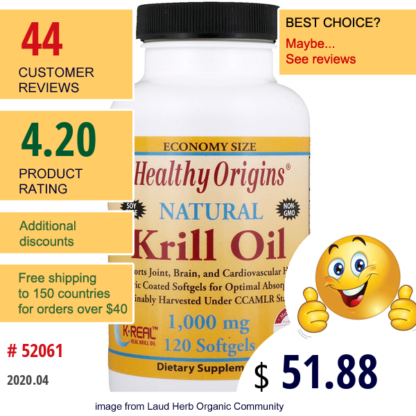 Healthy Origins, Krill Oil, Natural Vanilla Flavor, 1,000 Mg, 120 Softgels  