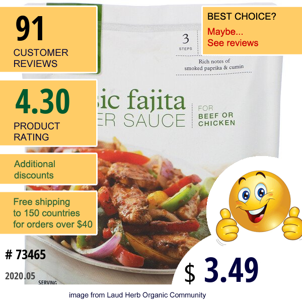 Simply Organic, Organic Simmer Sauce, Classic Fajita, For Beef Or Chicken, 8 Oz (227 G)