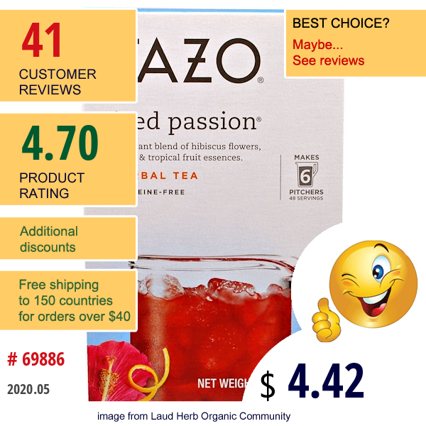 Tazo Teas, Tazo, Iced Passion Herbal Tea , 6 Filterbags, 2.85 Oz (81 G)  