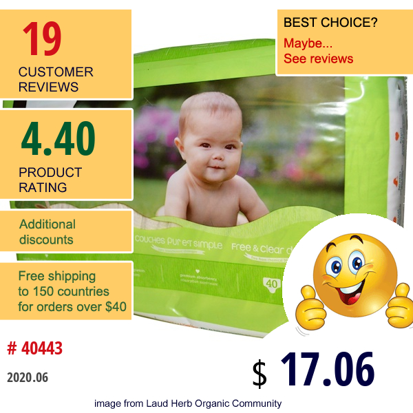 Seventh Generation, Baby, Free & Clear Diapers, Size 1, 8-14 Pounds, 40 Diapers  