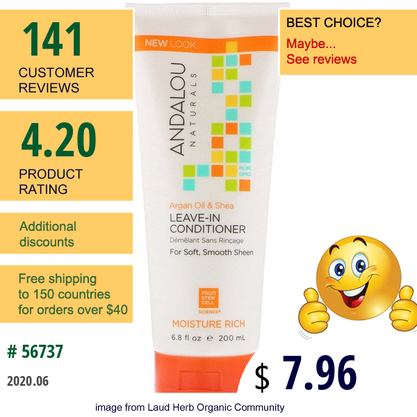 Andalou Naturals, Leave-In Conditioner, Argan Oil And Shea, Moisture Rich, 6.8 Fl Oz (200 Ml) Andalou Naturals, Leave-In Conditioner, Argan Oil And Shea, Moisture Rich, 6.8 Fl Oz (200 Ml)