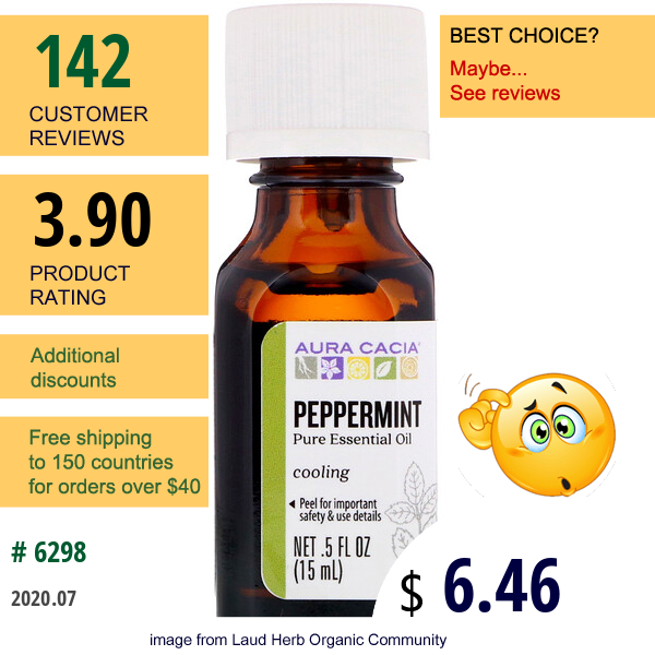 Aura Cacia, Pure Essential Oil, Peppermint, .5 Fl Oz (15 Ml)