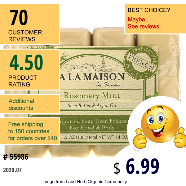 A La Maison De Provence, Hand & Body Bar Soap, Rosemary Mint, 4 Bars, 3.5 Oz (100 G) Each