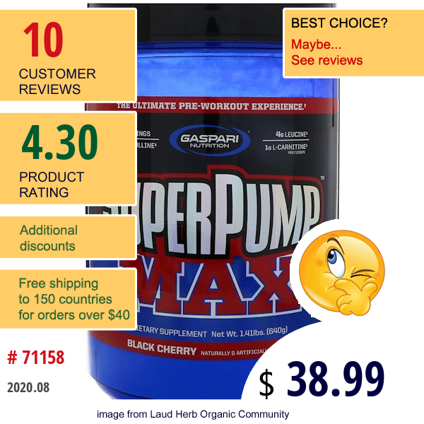 Gaspari Nutrition, Superpump Max, The Ultimate Pre-Workout Experience, Black Cherry, 1.41 Lbs (640 G)  