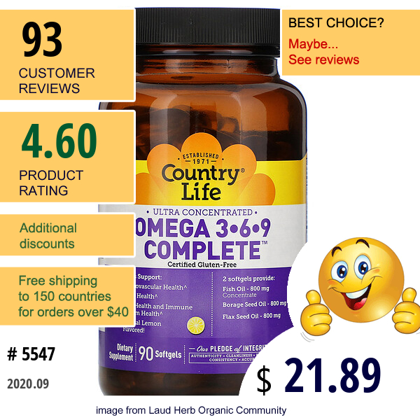 Country Life, Ultra Concentrated Omega 3-6-9 Complete. Natural Lemon, 90 Softgels