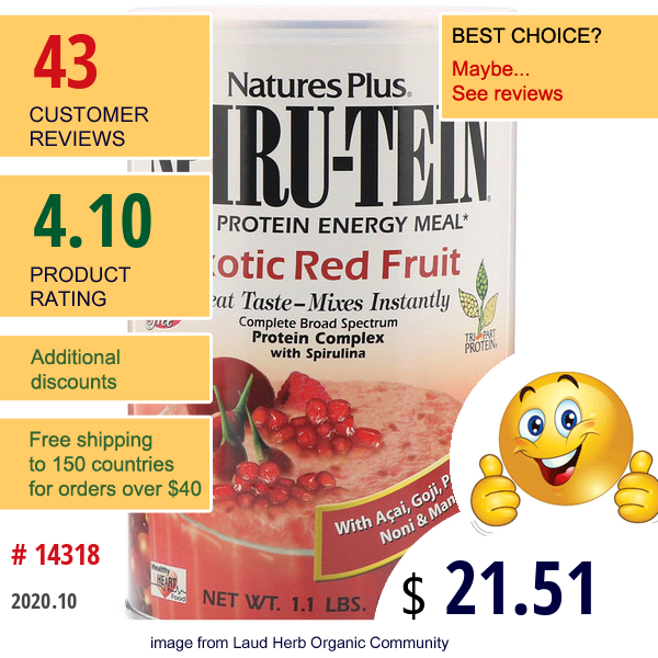 Nature'S Plus, Spiru-Tein, High Protein Energy Meal, Exotic Red Fruit, 1.1 Lbs (504 G)