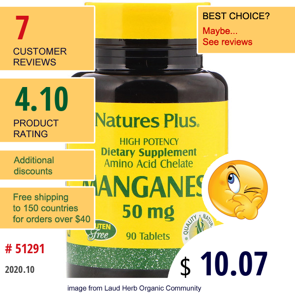 Nature'S Plus, Manganese, 50 Mg, 90 Tablets